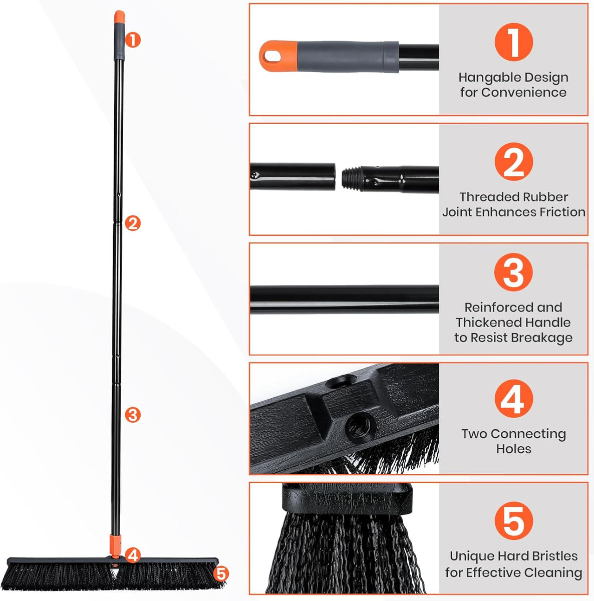 24" Push Broom With 65" Handle - Heavy Duty Stiff Bristles For Garage, Deck, Concrete, Indoor & Outdoor (2 Pack)