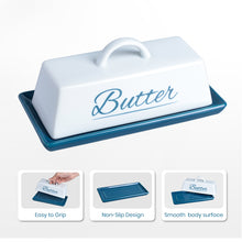 Load image into Gallery viewer, Butter Dish Ceramic Porcelain Butter Keeper Butter dish with Lid and Handle for Countertop Refrigerator Perfect for East West Coast Butter Navy Blue