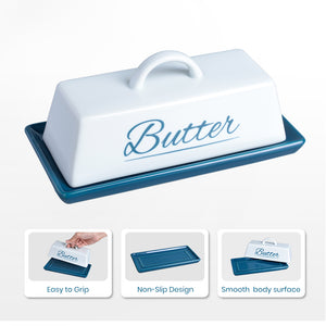 Butter Dish Ceramic Porcelain Butter Keeper Butter dish with Lid and Handle for Countertop Refrigerator Perfect for East West Coast Butter Navy Blue