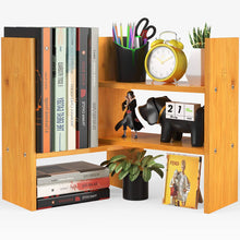 Load image into Gallery viewer, Bamboo Desktop Bookshelf Organizer, Large Office Desk Storage Shelf Rack, Natural Wood Adjustable Tabletop Display Corner Countertop Bookcase Shelves for Office Supplies, Home Decor, Kitchen