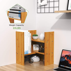 Bamboo Desktop Bookshelf Organizer, Large Office Desk Storage Shelf Rack, Natural Wood Adjustable Tabletop Display Corner Countertop Bookcase Shelves for Office Supplies, Home Decor, Kitchen