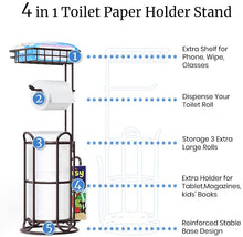 Load image into Gallery viewer, TreeLen [Upgrade] Toilet Paper Holder Stand with Shelf Tissue Holders for Bathroom FreeStanding Bath Tissue Roll Holder for Mega Rolls/Phone/Wipe/Magazine-Bronze