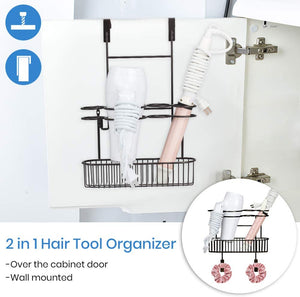 Bathroom Wall Mount Hair Care & Styling Tool Organizer Over The Cabinet Door Storage Basket for Hair Dryer, Flat Iron, Curling Wand, Hair Straightener, Brushes-Bronze