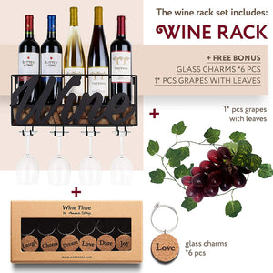 Wall Mounted Wine Rack - Bottle & Glass Holder - Cork Storage - Store Red, White, Champagne - Comes with 6 Cork Wine Charms - Home & Kitchen Décor - Designed by Anna Stay