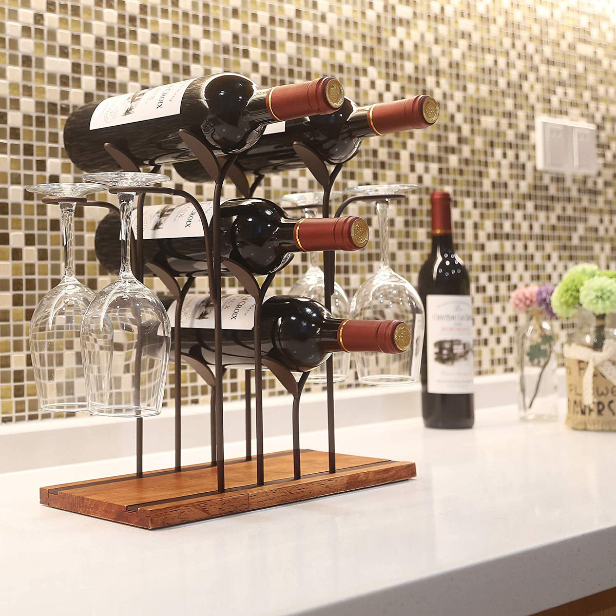Tabletop Wood Wine Holder Countertop Wine Rack Hold 4 Wine Bottles a TreeLen