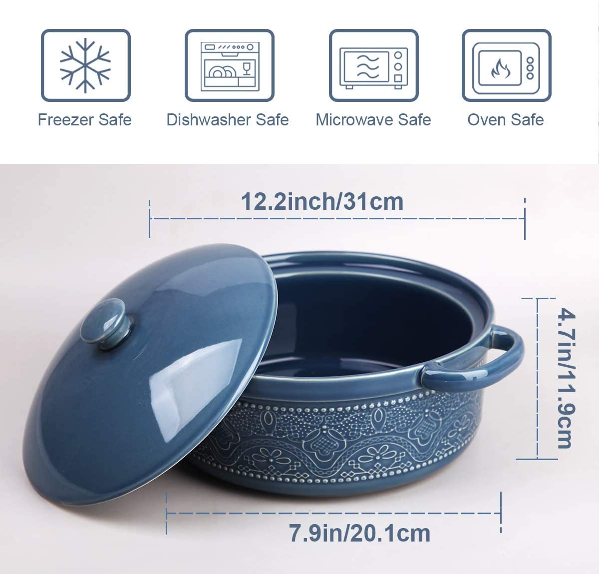 Fe Fun Elements Fe Casserole Dish, 2 Quart Round Ceramic Bakeware with Cover, Lace Emboss Baking Dish for Dinner, Banquet and Party (Blue)