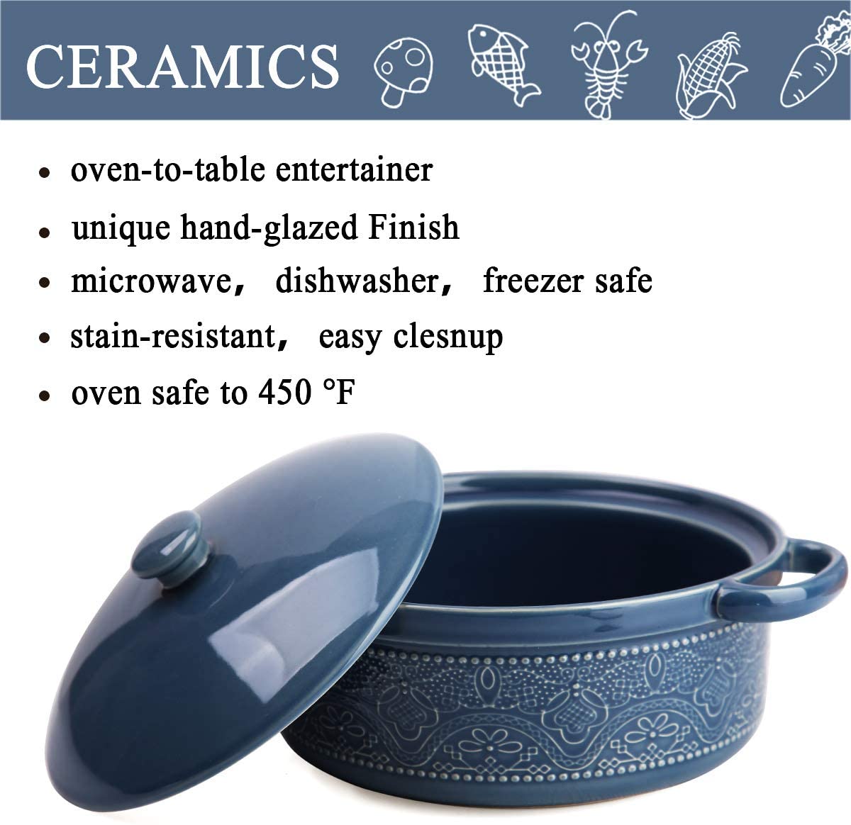 Fe Fun Elements Fe Casserole Dish, 2 Quart Round Ceramic Bakeware with Cover, Lace Emboss Baking Dish for Dinner, Banquet and Party (Blue)