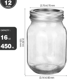Mason Jars 16 oz With Regular Lids and Bands, Ideal for Jam, Honey, Wedding Favors, Shower Favors, Baby Foods, 12 PACK, 20 Whiteboard Labels Included