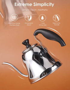 Tea Kettle for Stove Top Premium Gooseneck Kettle, Small Pour Over Coffee Kettle, Goose Neck Tea Pot Stovetop Teapot, Drip Hot Water Heater for Camping, Home & Kitchen, Stainless Steel, Silver