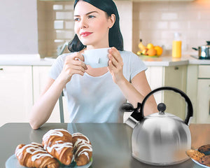 2.5 Liter Whistling Tea Kettle - Modern Stainless Steel Whistling Tea Pot for Stovetop with Cool Grip Ergonomic Handle (Stainless Steel)