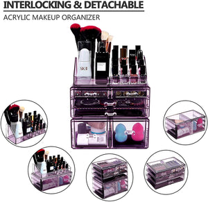 Makeup Organizer 3 Pieces Acrylic Cosmetic Storage Drawers and Jewelry Display Box, Violet
