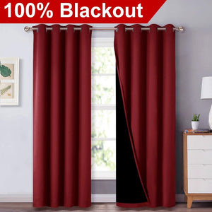 Bedroom Full Blackout Curtain Panels, Super Thick Insulated Grommet Drapes, Double-Layer Blackout Draperies with Black Liner for Small Window Set of 2 Panels Burgundy Red