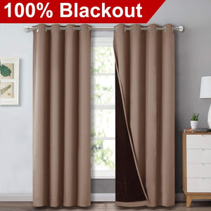Bedroom Full Blackout Curtain Panels, Super Thick Insulated Grommet Drapes, Double-Layer Blackout Draperies with Black Liner for Small Window Set of 2 Panels Cappuccino