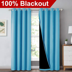 Bedroom Full Blackout Curtain Panels, Super Thick Insulated Grommet Drapes, Double-Layer Blackout Draperies with Black Liner for Small Window Set of 2 Panels Teal Blue