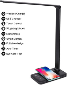 LED Desk Lamp with Wireless Charger, USB Charging Port, 5 Brightness Levels, 5 Lighting Modes, Touch Control, 30/60 min Auto Timer, Eye-Caring Office Lamp with Adapter (Black)