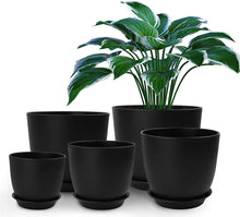 Load image into Gallery viewer, Plastic Planter with Saucers,8/7/6/5.5/5 Inch Flower Pot Indoor Modern Decorative Plastic Pots for Plants with Drainage Hole and Tray for All House Plants, Flowers, and Cactus, Black