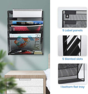 Mesh Hanging Wall File Organizer 5 Tier Vertical Mount, Durable Wall File Holder with Bottom Flat Tray for Office Home， Black