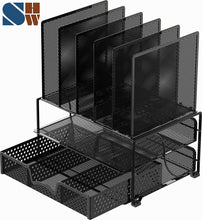 Load image into Gallery viewer, File Folder Racks &amp; File Folder Holders Mesh Desk Organizer with Sliding Drawer, Double Tray and 5 Upright Sections, Black