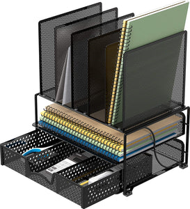 File Folder Racks & File Folder Holders Mesh Desk Organizer with Sliding Drawer, Double Tray and 5 Upright Sections, Black