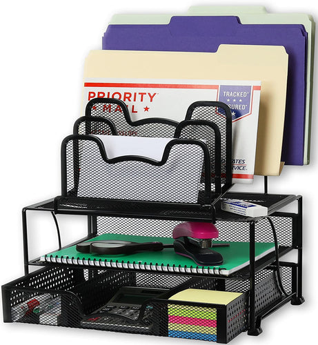 Office Racks & Displays Mesh Desk Organizer with Sliding Drawer, Double Tray and 5 Stacking Sorter Sections, Black