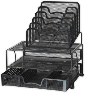 Office Racks & Displays Mesh Desk Organizer with Sliding Drawer, Double Tray and 5 Stacking Sorter Sections, Black