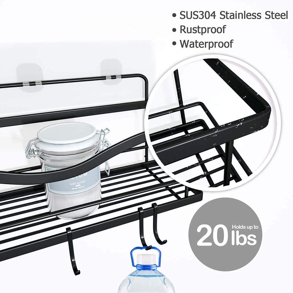 KINCMAX Shower Caddy Basket Shelf with Hooks, Caddy Organizer Wall Mounted Rustproof Basket with Adhesive, No Drilling, 304 Stainless Steel, Storage