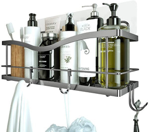 Shower Caddy Basket Shelf with Hooks for Hanging Sponge and Razor,Shampoo Holder Organizer,No Drilling Adhesive Wall Mounted Bathroom Shelf,Rustproof SUS304