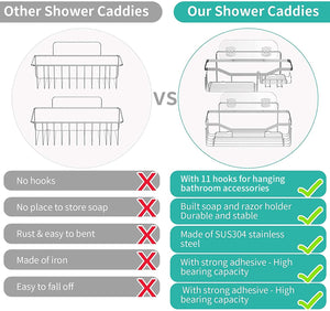 Shower Caddy Shower Storage Rack with 11 Hooks for Hanging Shower Ball and Razor, Shampoo Holder Organizer No Drilling Shower Shelf with 4 Traceless Adhesive Hooks