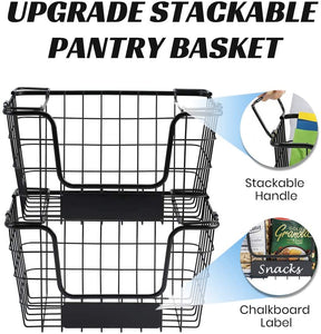 4PK-Stackable Wire Baskets XXL Fruit Vegetable Produce Baskets with Handles for Kitchen Countertop Metal Food Storage Bins for Pantry, Freezer, Bathroom-Black