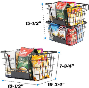 4PK-Stackable Wire Baskets XXL Fruit Vegetable Produce Baskets with Handles for Kitchen Countertop Metal Food Storage Bins for Pantry, Freezer, Bathroom-Black