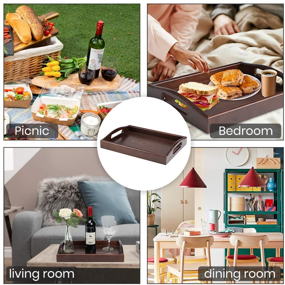 Afoxsos Acacia Wood Serving Tray With Handles Set Of 2 - Decorative Serving Trays Platter For Breakfast In Bed, Coffee Table