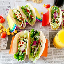 Load image into Gallery viewer, Colorful Taco Holder Stands Set of 6 - Premium Large Taco Tray Plates Holds Up to 3 or 2 Tacos Each, PP Health Material Very Hard and Sturdy, Dishwasher &amp; Microwave Safe