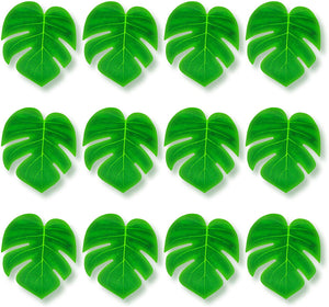 12 pc Tropical Green Leaves included 1 Hawaiian Luau Hibiscus Brown Table Skirt (9 ft)