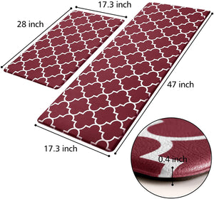 Kitchen Mat [2 PCS] Cushioned Anti-Fatigue Kitchen Rug, Waterproof Non-Slip Kitchen Mats and Rugs Heavy Duty PVC Ergonomic Comfort Standing Foam Mat for Kitchen, Office, Sink, Laundry,Red