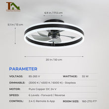 Load image into Gallery viewer, Ceiling Fans with Lights and Remote, 20&#39;&#39; Low Profile Fan, 3000-6000K Dimmable Modern Flush Mount LED Fandelier, 6 Speeds Reversible DC Motor, Black Ceiling Fan for Bedroom Living Room
