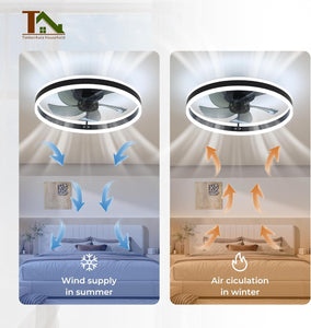 Ceiling Fans with Lights and Remote, 20'' Low Profile Fan, 3000-6000K Dimmable Modern Flush Mount LED Fandelier, 6 Speeds Reversible DC Motor, Black Ceiling Fan for Bedroom Living Room