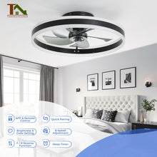 Load image into Gallery viewer, Ceiling Fans with Lights and Remote, 20&#39;&#39; Low Profile Fan, 3000-6000K Dimmable Modern Flush Mount LED Fandelier, 6 Speeds Reversible DC Motor, Black Ceiling Fan for Bedroom Living Room