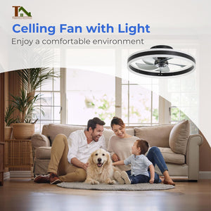 Ceiling Fans with Lights and Remote, 20'' Low Profile Fan, 3000-6000K Dimmable Modern Flush Mount LED Fandelier, 6 Speeds Reversible DC Motor, Black Ceiling Fan for Bedroom Living Room
