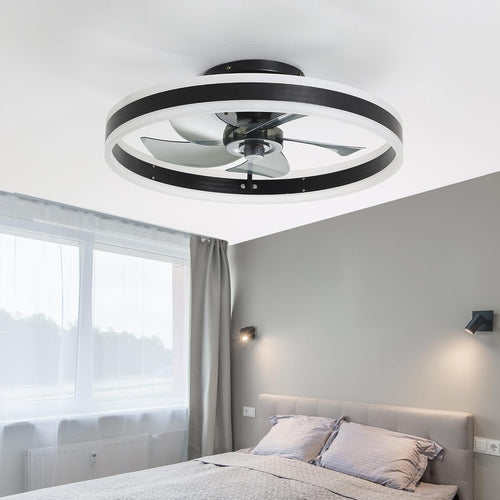 Ceiling Fans with Lights and Remote, 20'' Low Profile Fan, 3000-6000K Dimmable Modern Flush Mount LED Fandelier, 6 Speeds Reversible DC Motor, Black Ceiling Fan for Bedroom Living Room