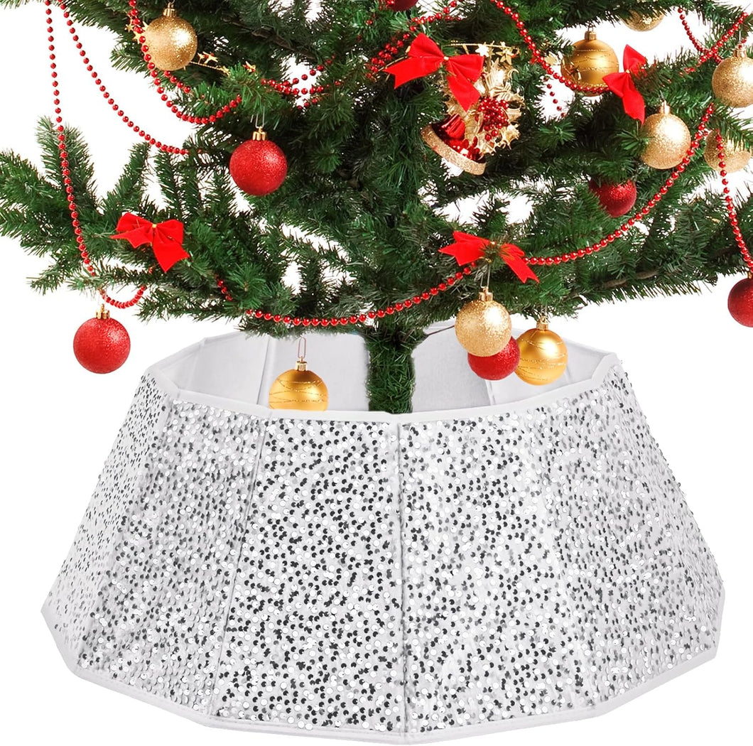 Sequin Christmas Tree Collar 31.5inch,Tree Skirt for Halloween Christmas Decoration 12-Sided Xmas Tree Base Cover(Silver)
