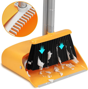Broom and Dustpan Set with Long Handle 52", Standing Broom and Dust Pan Set for Home Kitchen Room Office Lobby Yellow