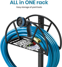 Load image into Gallery viewer, Garden Hose Stand Water Hose Holders for Outside Hose Storage Hanger with Extra Shelf Rack Freestanding -Black