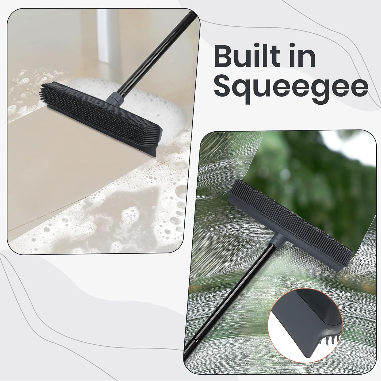 Pet Hair Removal Rubber Broom with Squeegee Carpet Rake for Fluff