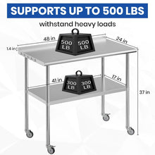 Load image into Gallery viewer, Stainless Steel Table for Prep &amp; Work 24x48 with Backsplash,Wheels,Hooks - Adjustable Height,Work Tables with Undershelf, Easy Assembly, Ideal for Kitchen, Restaurant, Hotel, Home