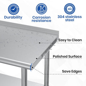 Stainless Steel Table for Prep & Work 24x48 with Backsplash,Wheels,Hooks - Adjustable Height,Work Tables with Undershelf, Easy Assembly, Ideal for Kitchen, Restaurant, Hotel, Home