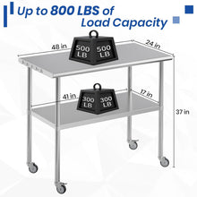 Load image into Gallery viewer, Stainless Steel Work Table 24x48 for Prep with Wheels and Hooks - Adjustable Height, Mobile Large Workspace, Easy Assembly, Ideal for Kitchen, Restaurant, Home, Workshop,Hotel