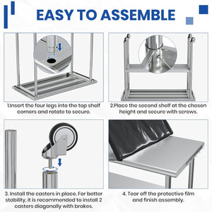 Stainless Steel Work Table 24x48 for Prep with Wheels and Hooks - Adjustable Height, Mobile Large Workspace, Easy Assembly, Ideal for Kitchen, Restaurant, Home, Workshop,Hotel