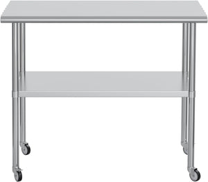 Stainless Steel Work Table 24x48 for Prep with Wheels and Hooks - Adjustable Height, Mobile Large Workspace, Easy Assembly, Ideal for Kitchen, Restaurant, Home, Workshop,Hotel