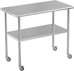 Stainless Steel Work Table 24x48 for Prep with Wheels and Hooks - Adjustable Height, Mobile Large Workspace, Easy Assembly, Ideal for Kitchen, Restaurant, Home, Workshop,Hotel