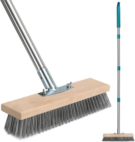 Stainless Steel Deck Scrub Brush with Long Handle, Outdoor Broom for Concrete, Deck, Patio Floor Cleaning, 53